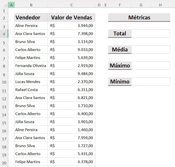 Base de Dados com as Vendas no Excel