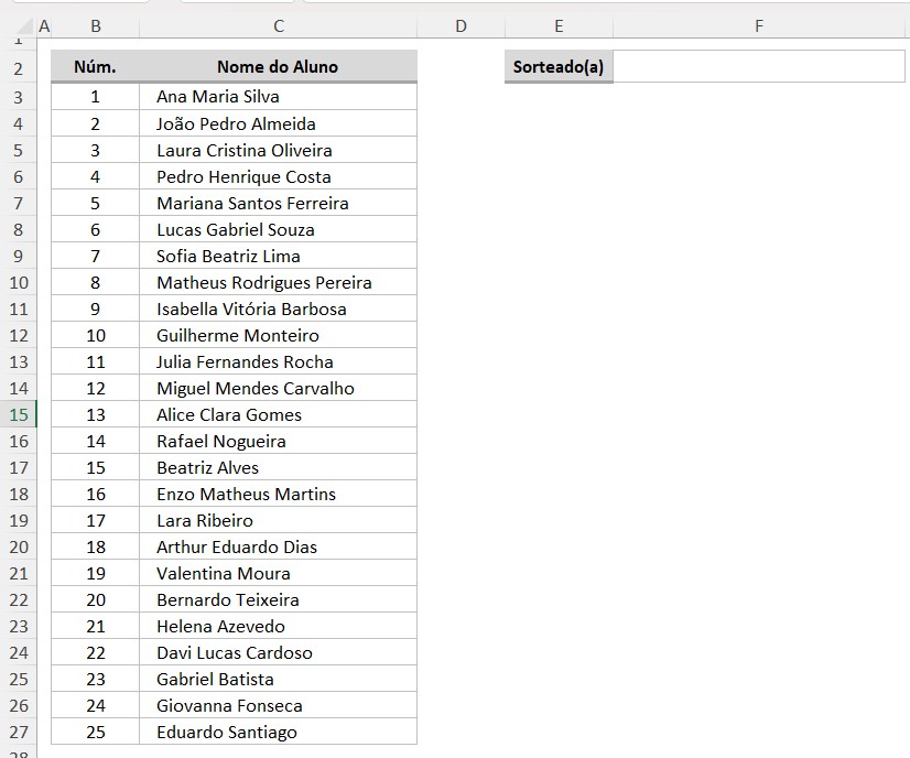 Lista de Alunos Para Sorteio no Excel