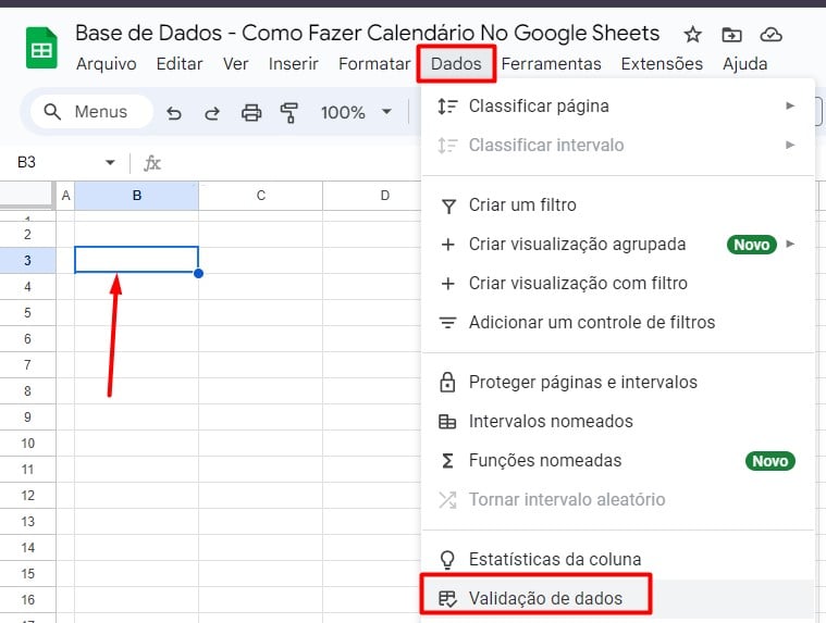 Selecionando a Opção de Validação de Dados no Google Sheets