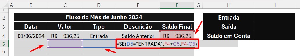 Aplicação da Função SE no Fluxo de Caixa no Excel