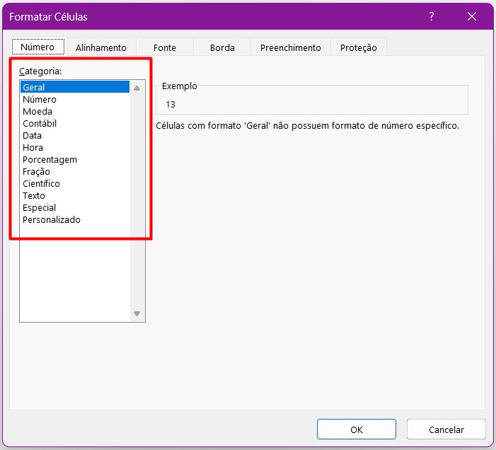 Categorias de Formatação de Números no Excel