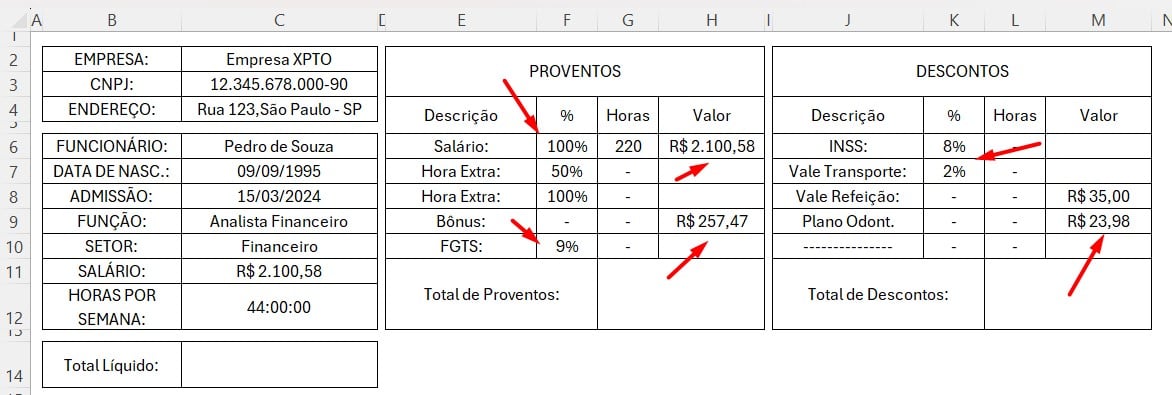 Dados Preenchidos no Modelo de Holerite do Excel