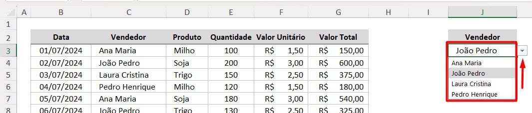 Lista Suspensa com os Vendedores no Excel