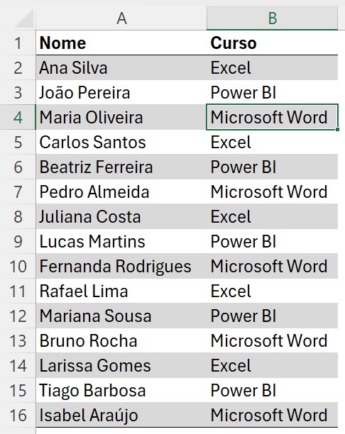 Lista de Alunos Matriculados no Excel