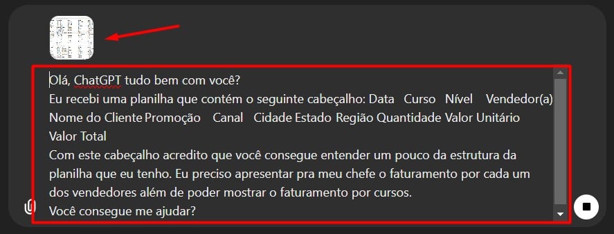 Prompt Encaminhado ao ChatGPT para Criar Tabela Dinâmica no Excel