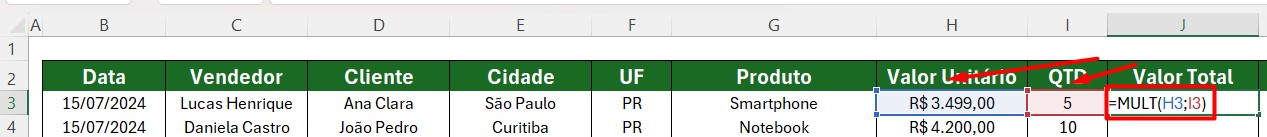 Utilizando a Função MULT no Excel