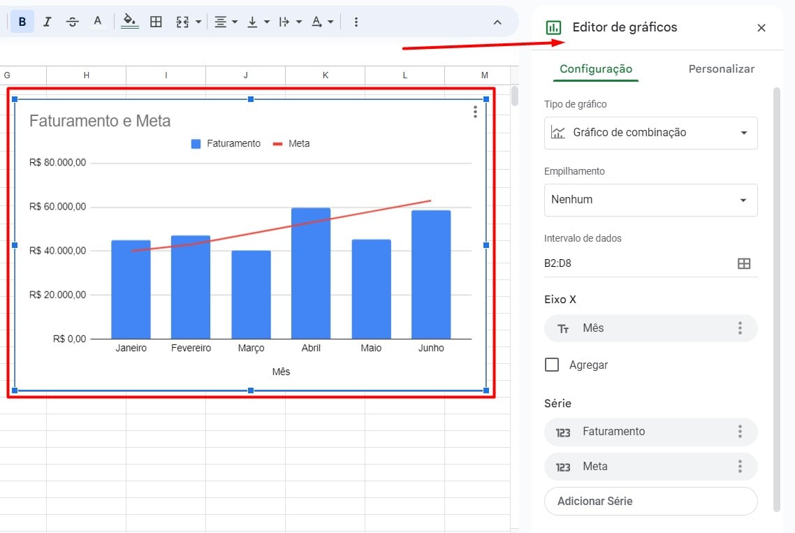 Gráfico Inserido e Aba de Configuração Disponível no Googl Sheets