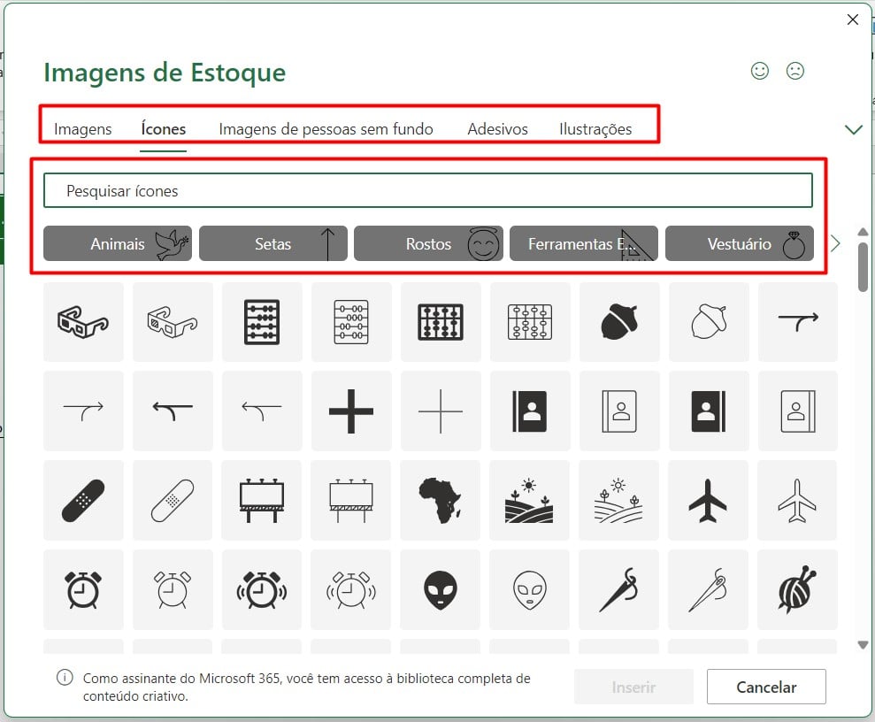 Ícones Disponíveis no Excel