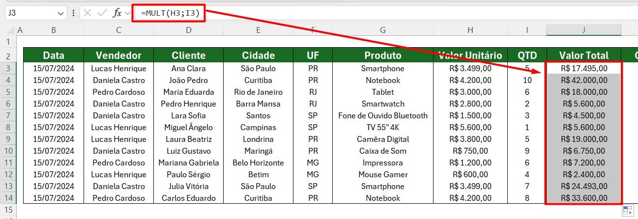 Resultado da Função MULT no Excel