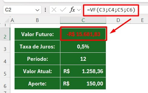 Resultado da Função VF no Excel