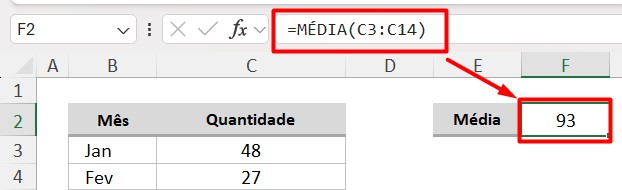 Resultado da Função de MÉDIA no Excel