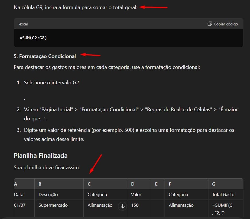 Sugestões do ChatGPT para Planilha de Gastos no Excel