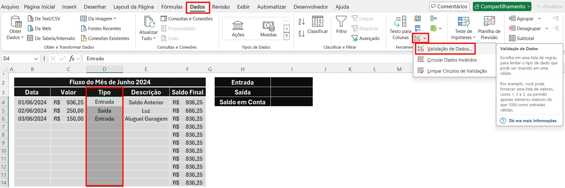 Aplicando a Validação de Dados no Fluxo de Caixa no Excel