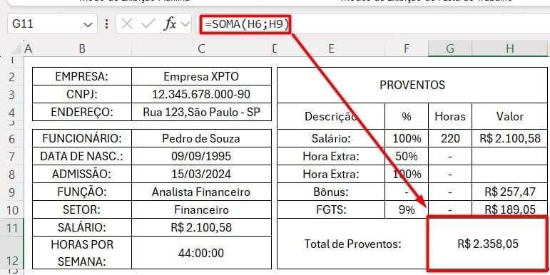 Calculando o Total de Proventos no Excel