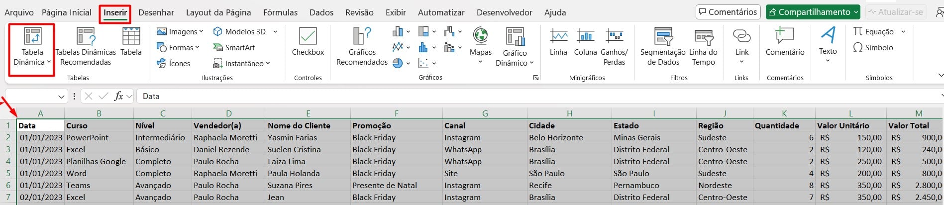 Inserindo Tabela Dinâmica no Excel