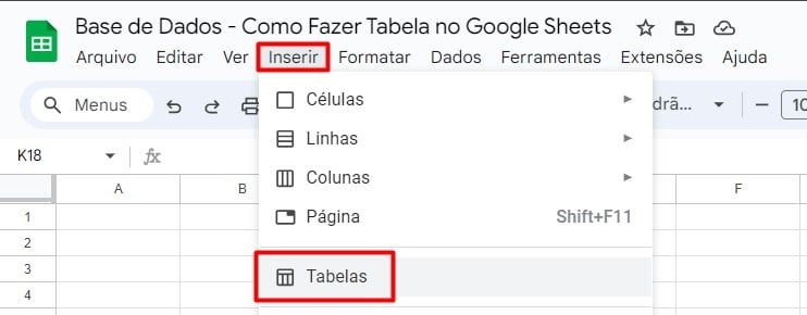 Inserindo Tabelas no Google Sheets