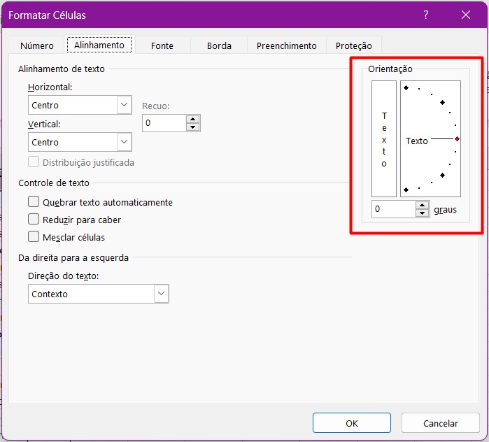 Orientação do Alinhamento do Texto no Excel