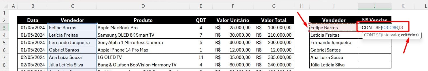 Selecionando o Critério da Função CONT.SE no Excel