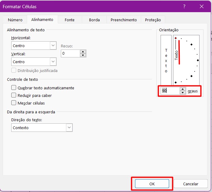 Configurando a Orientação do Alinhamento do Texto no Excel