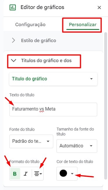 Configurando o Título do Gráfico no Google Sheets