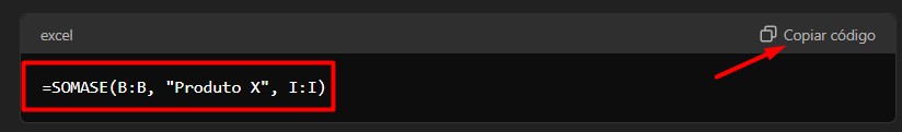 Copiando a Função SOMASE Sugerida Pelo ChatGPT