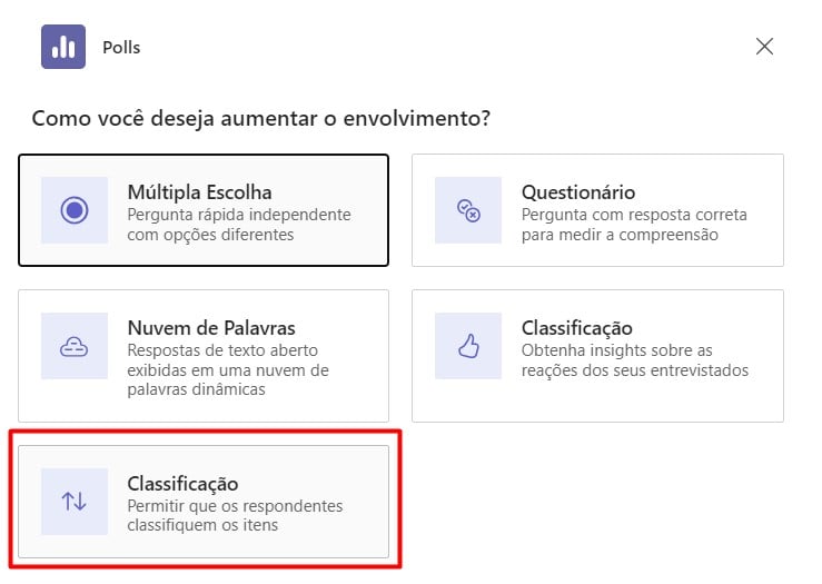 Escolhendo o Tipo de Enquete no Teams
