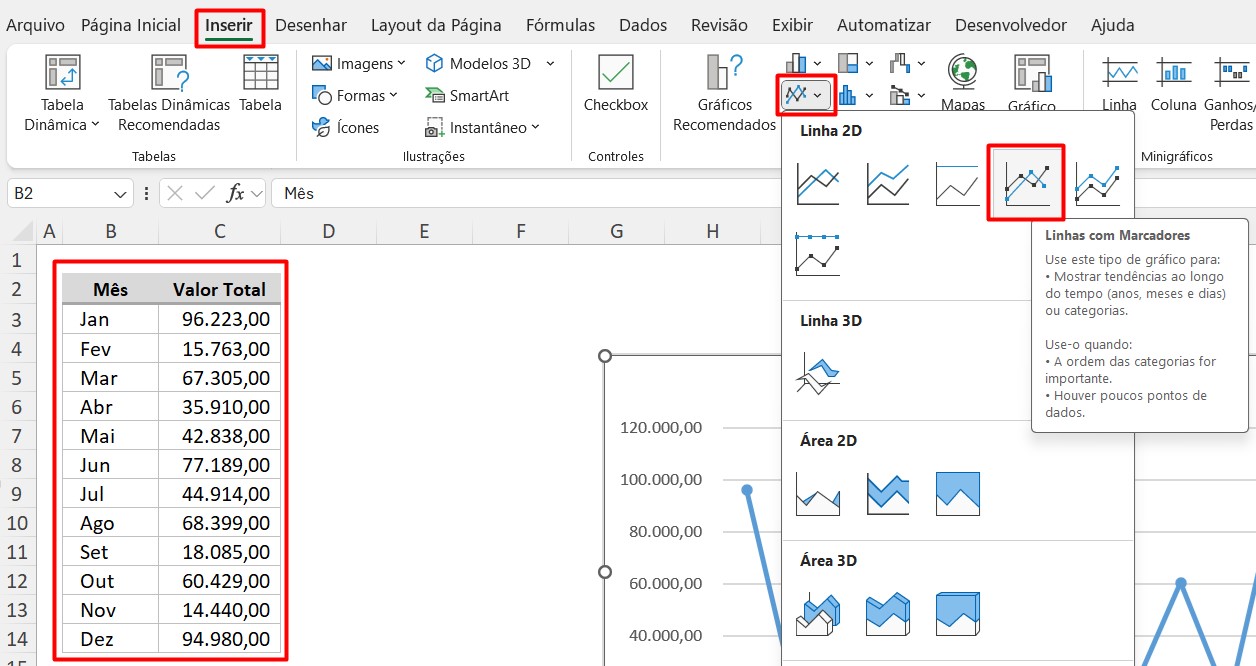 Inserindo Gráfico de Linhas no Excel