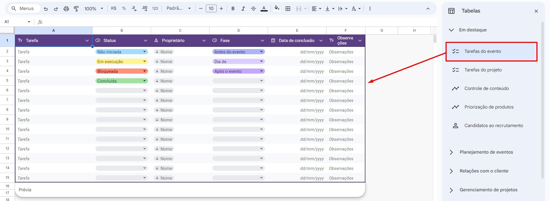 Opções de Tabelas no Google Sheets