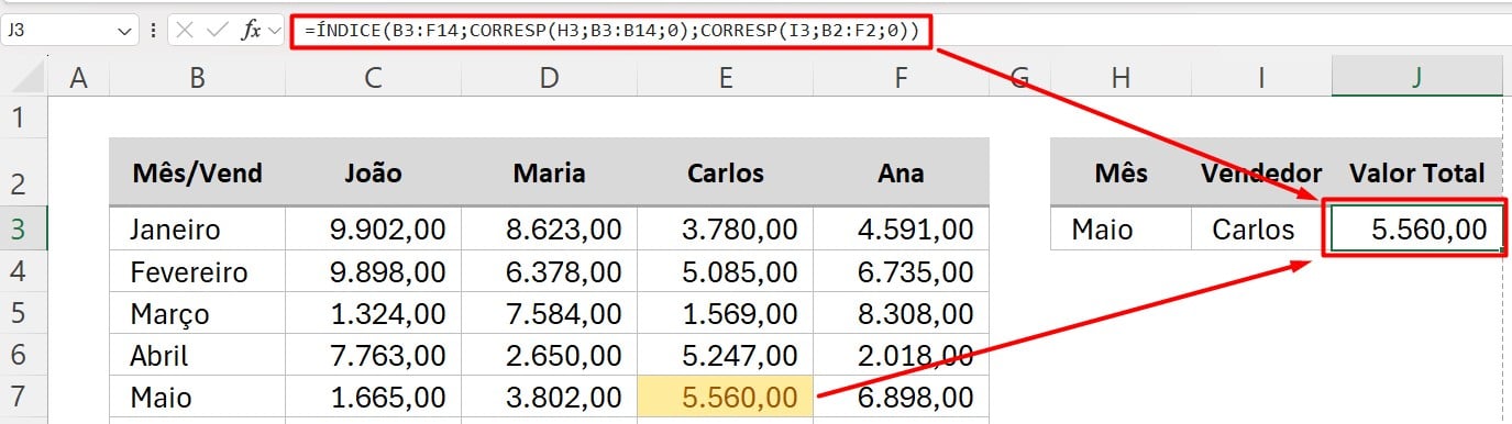 Resultado da Função ÍNDICE e CORRESP no Excel