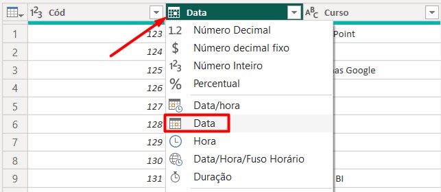 Tipo Data Definido no Power Query