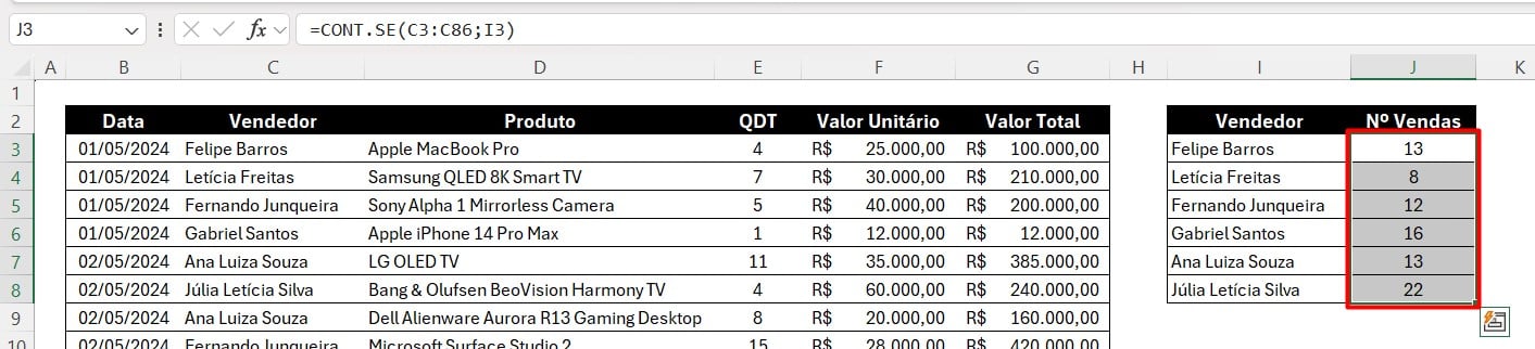 Aplicação da Função CONT.SE nas Demais Células no Excel