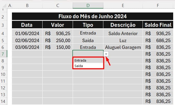 Aplicando a Validação de Dados no Fluxo de Caixa no Excel