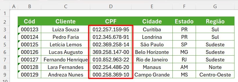 CPF Configurado no Excel