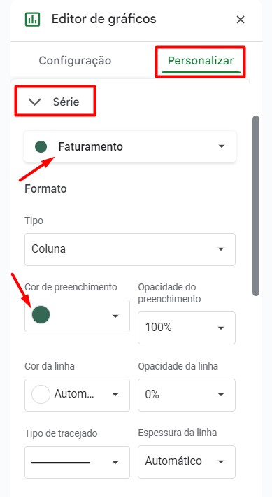 Configurando as Colunas do Gráfico no Google Sheets