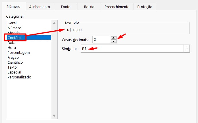 Formato de Contábil no Excel