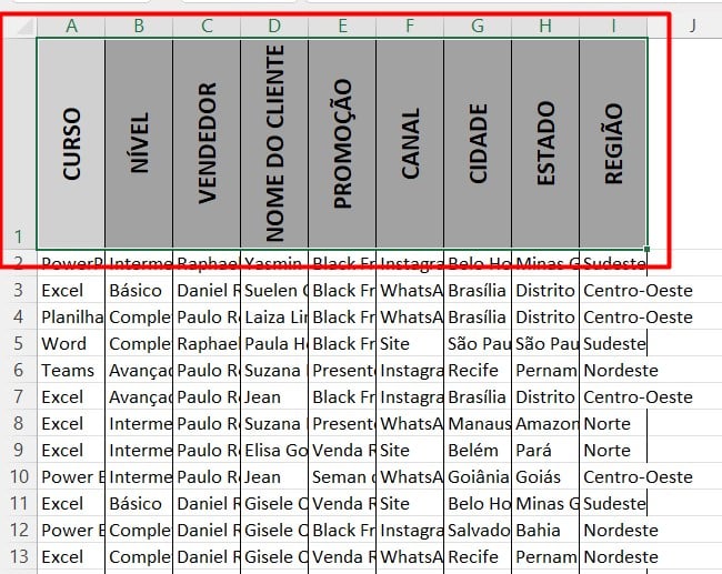 Orientação do Texto Alinhada em Vertical no Excel