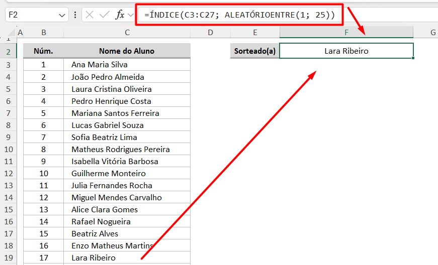 Resultado das Funções ÍNDICE e ALEATÓRIOENTRE no Excel