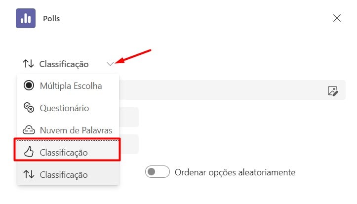 Selecionando o Tipo de Classificação no Teams