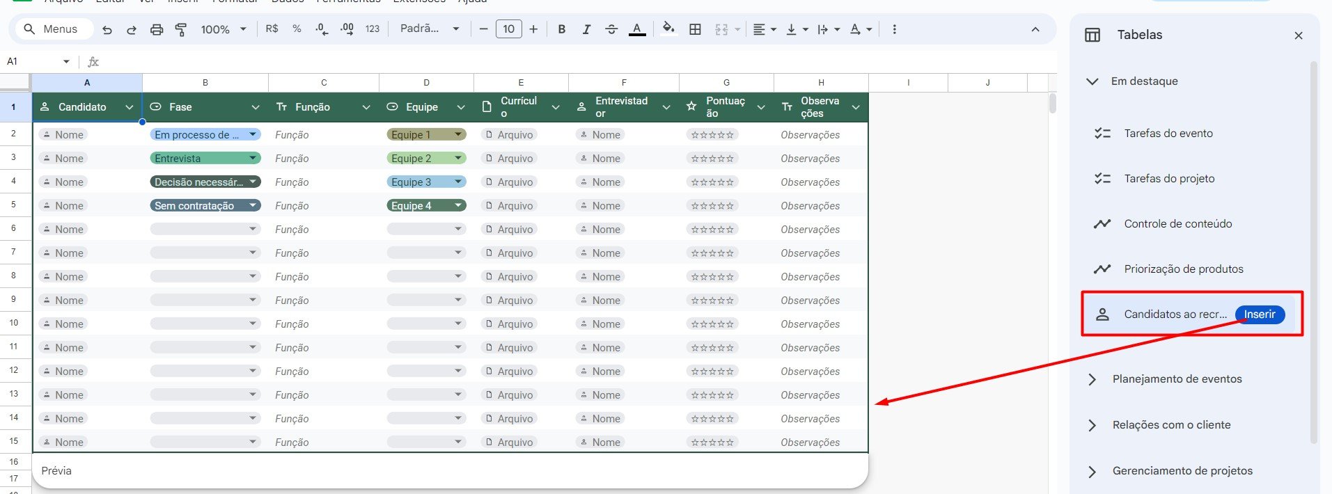 Tabela Inserida no Google Sheets