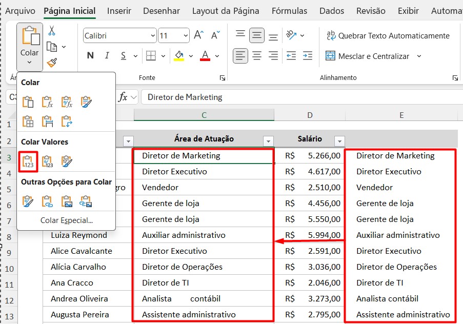 Colando Como Valores no Excel