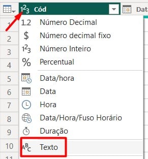 Colocando o Tipo da Coluna de Código em Texto