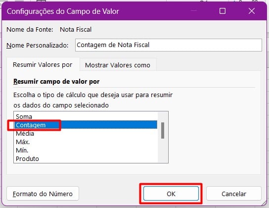 Configurando o Campo de Valor Para Contagem na Tabela Dinâmica no Excel