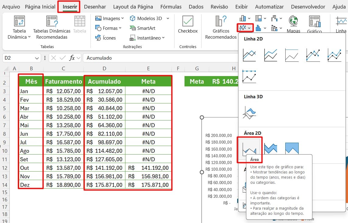 Inserindo o Gráfico de Área 2D