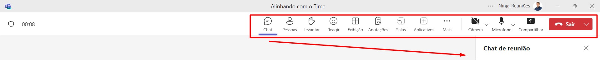 Opções da Sala de Reunião do Teams