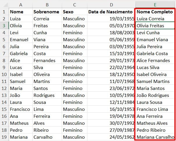 Aplicando a Função CONCATENAR nas Demais Células no Excel