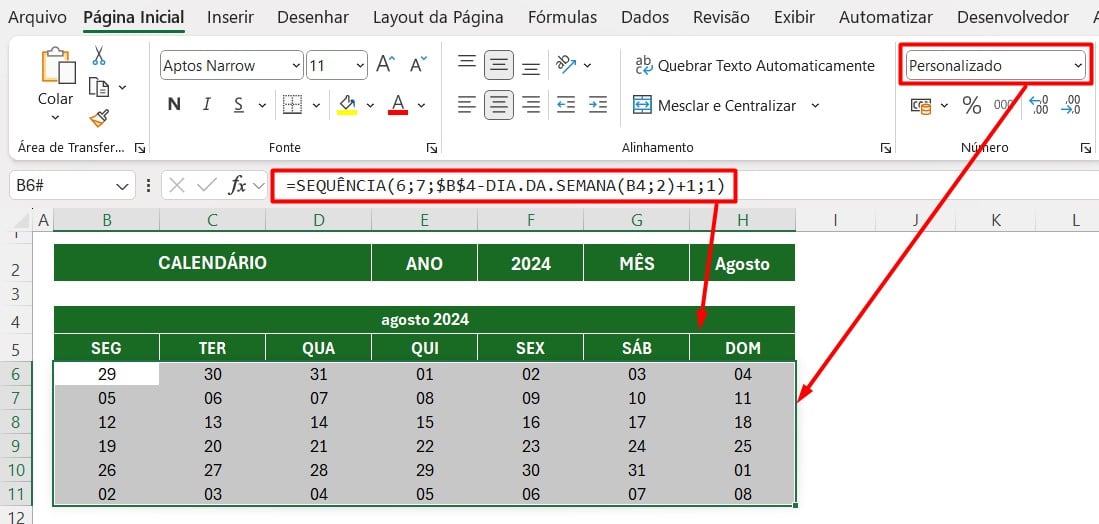 Matriz de Calendário Automático no Excel