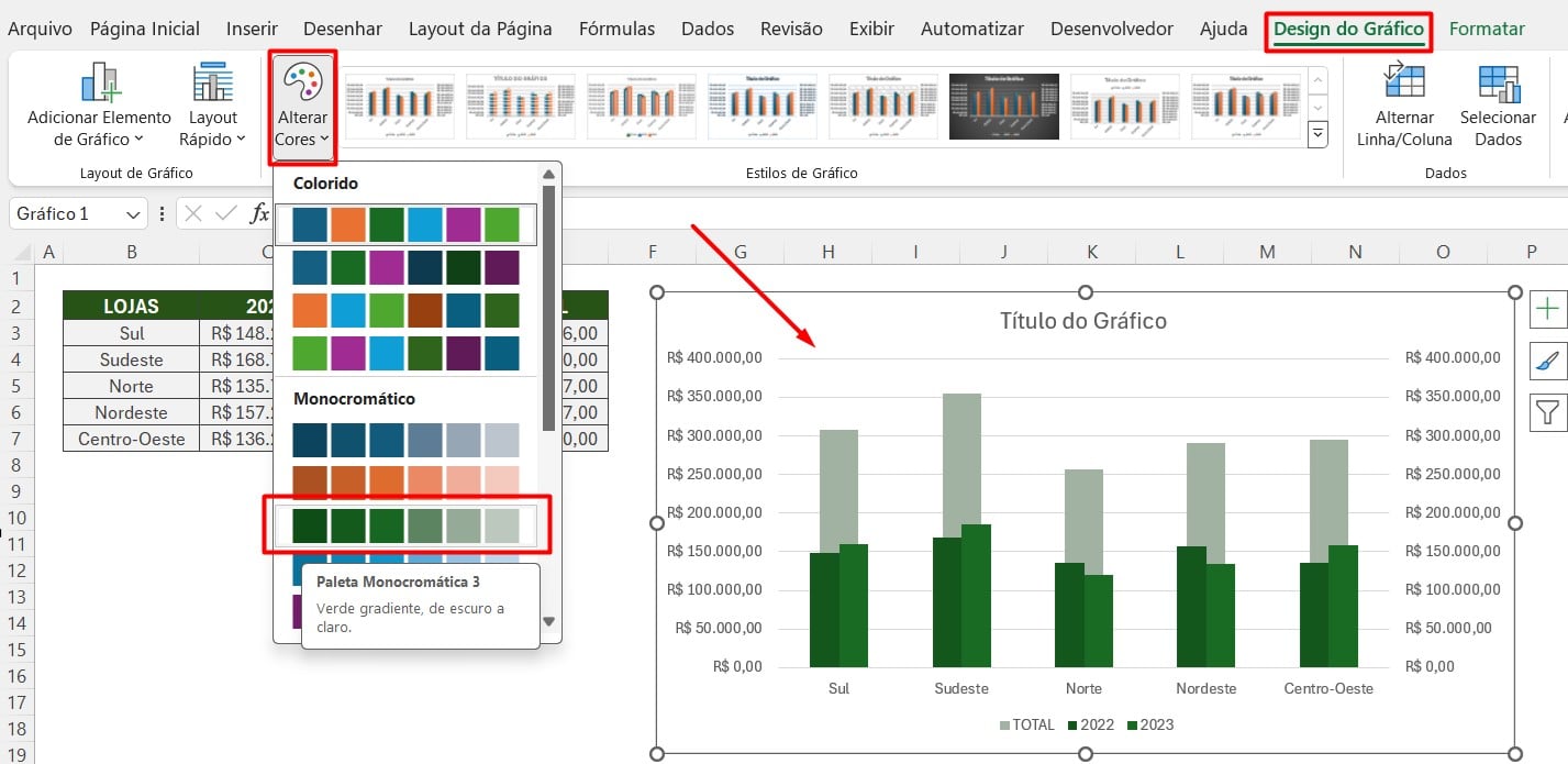 Modificando a Paleta de Cores do Gráfico no Excel