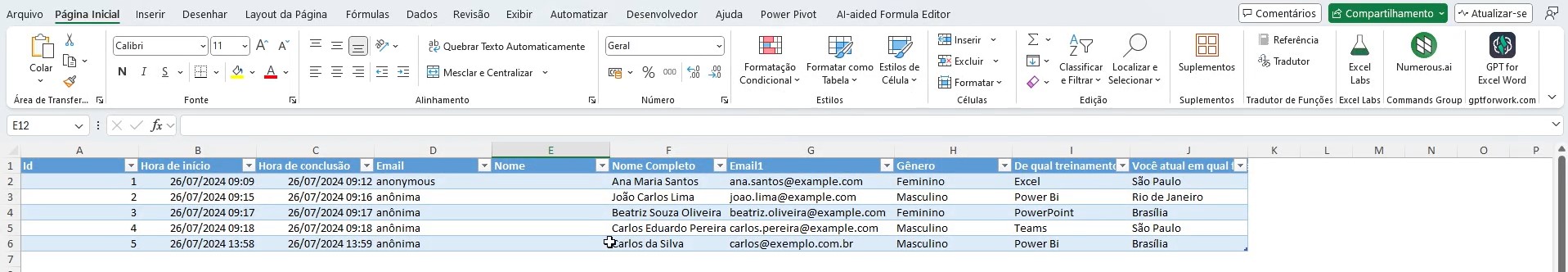 Respostas do Forms no Excel Desktop