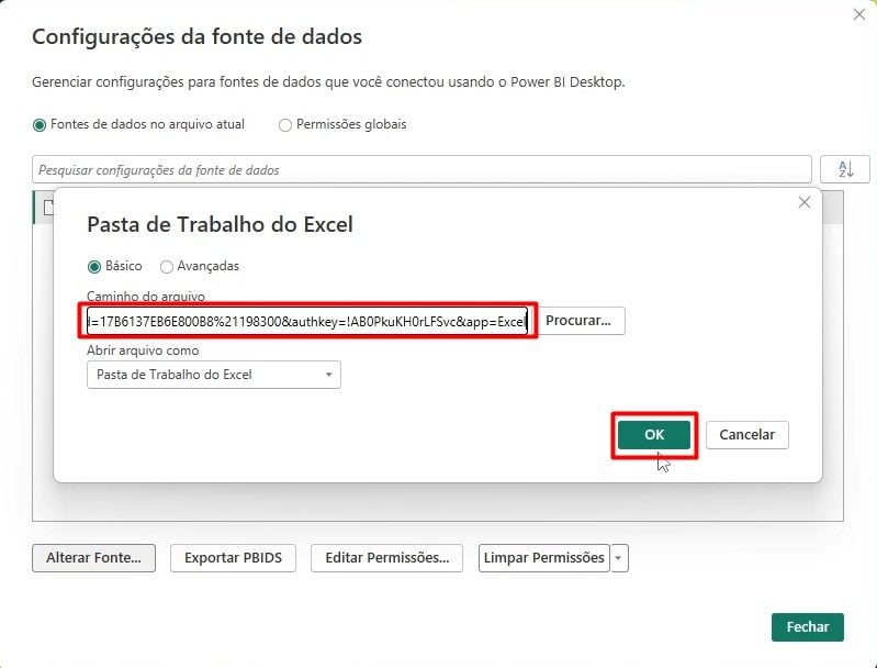 Colando o Link do OneDrive na Fonte de Dados do Power BI