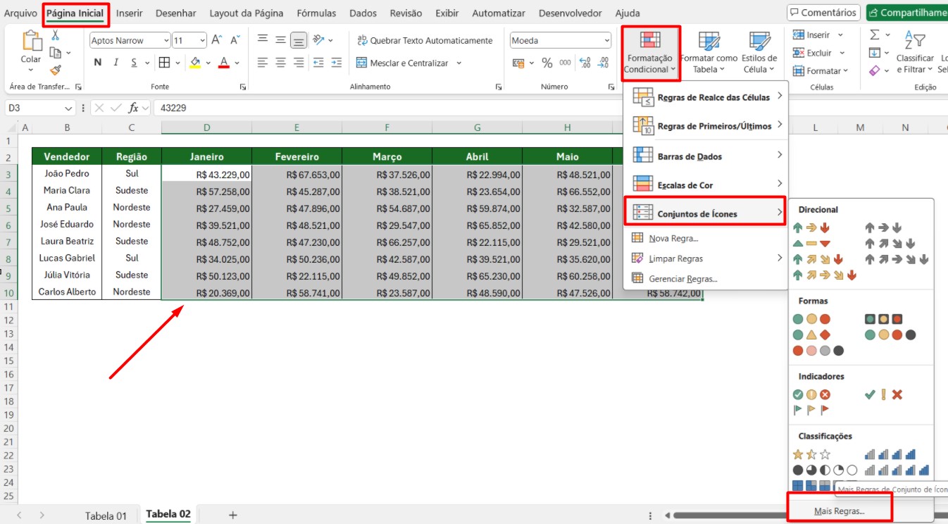 Formatação Condicional com Ícones no Excel